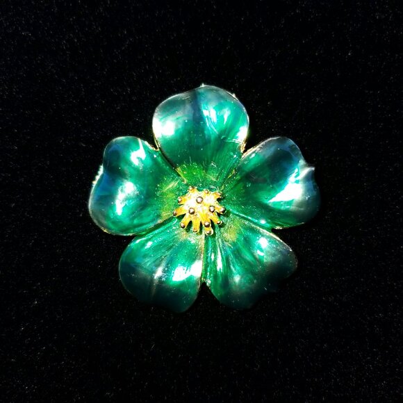 Vintage Enamel Five Leaf Clover Brooch Pin Green - Picture 6 of 10